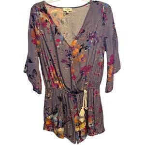 Umgee Boho Floral Romper Medium Purple Cotton Blend Deep V Neck Flutter Sleeve